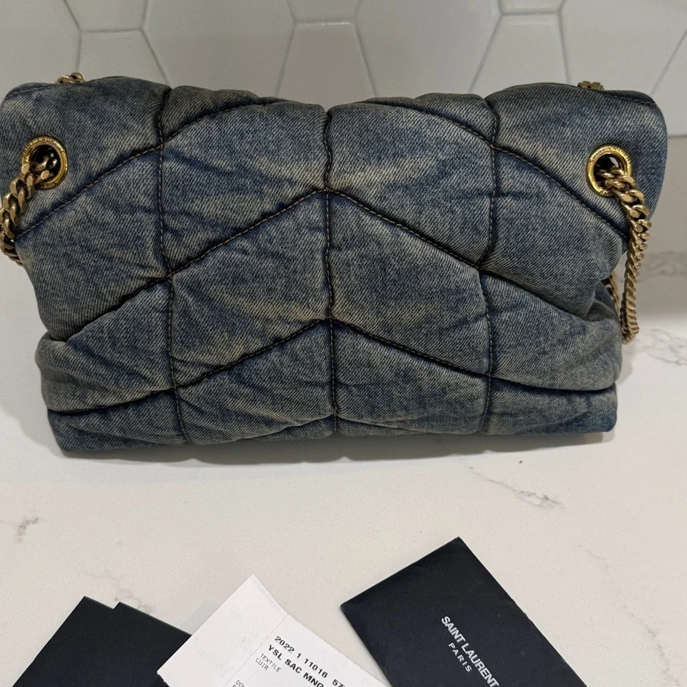 YSL Denim Quilted Medium Puffer Bag - Picture 4 of 12